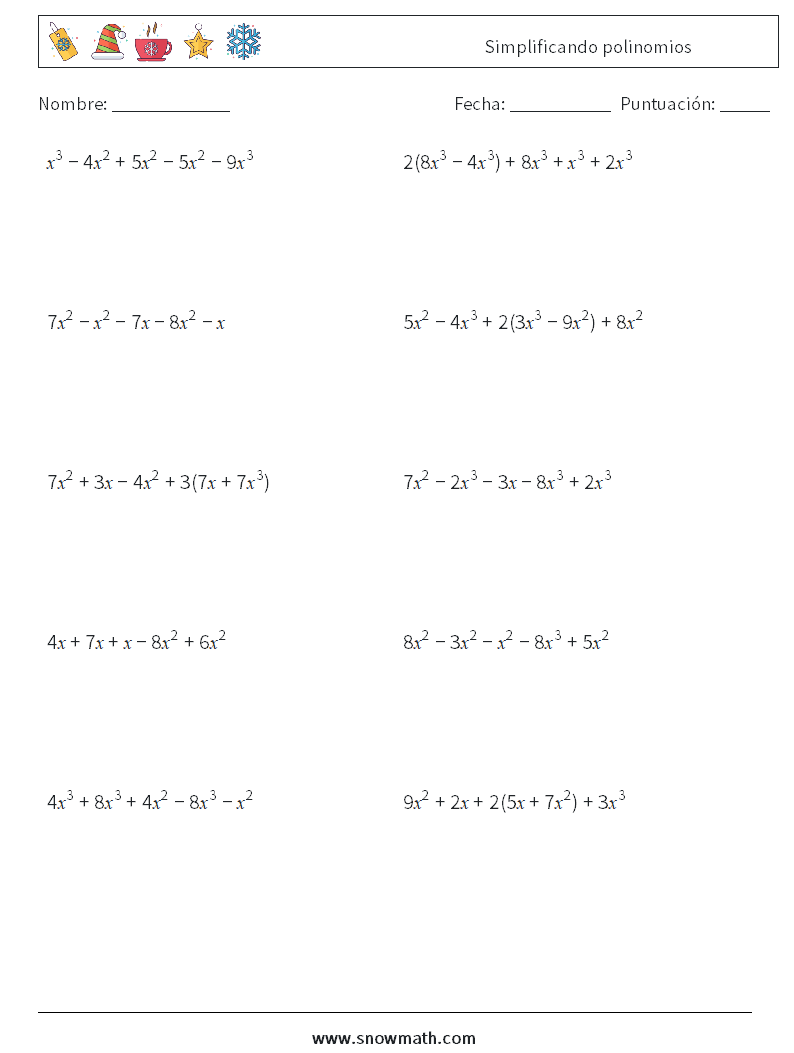 Simplificando polinomios Hojas de trabajo de matemáticas 3