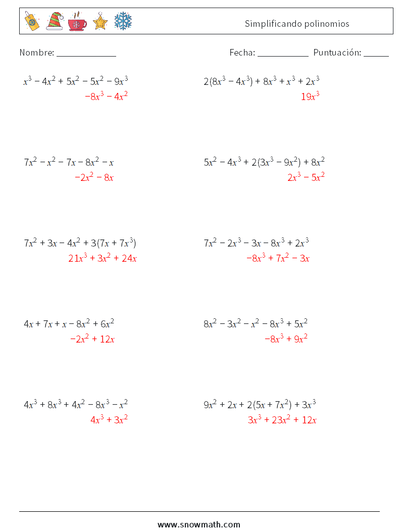 Simplificando polinomios Hojas de trabajo de matemáticas 3 Pregunta, respuesta