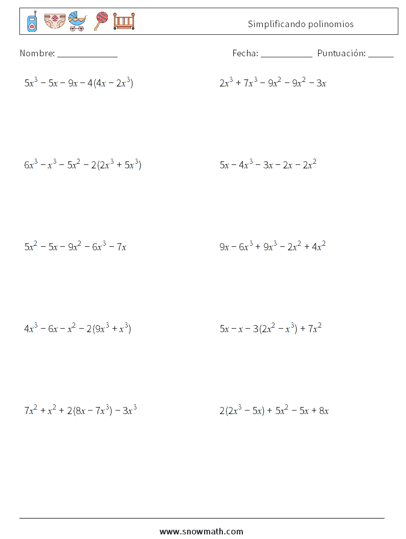 Simplificando polinomios Hojas de trabajo de matemáticas 4