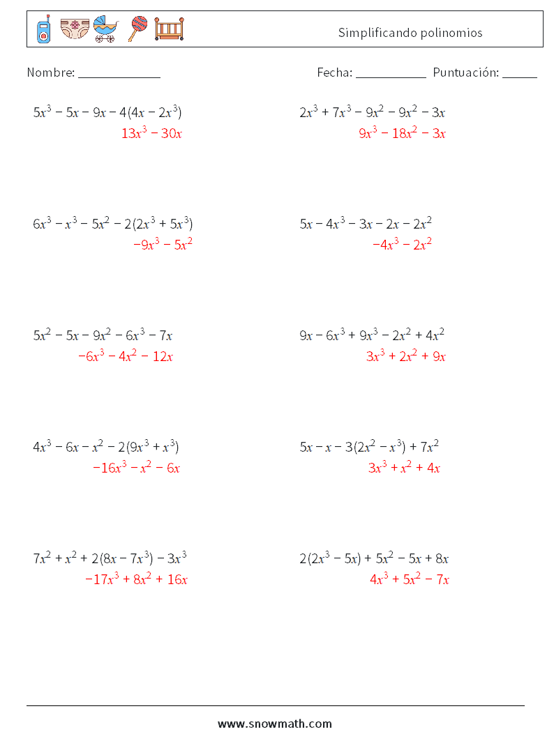 Simplificando polinomios Hojas de trabajo de matemáticas 4 Pregunta, respuesta