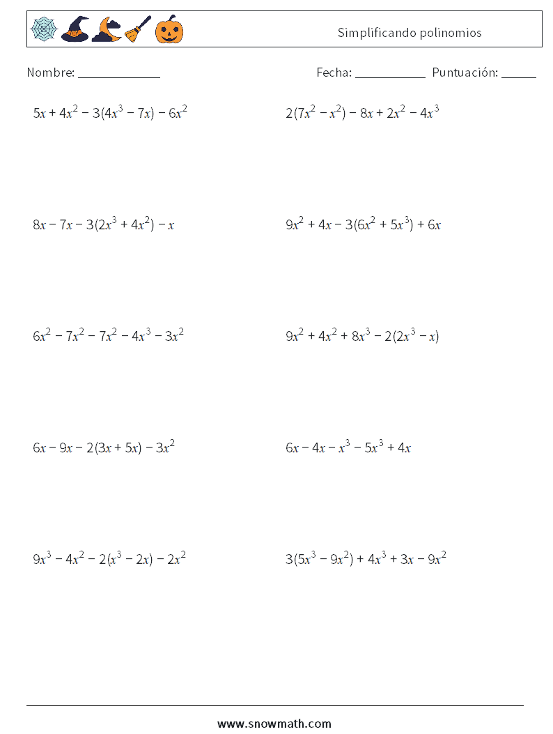 Simplificando polinomios Hojas de trabajo de matemáticas 5