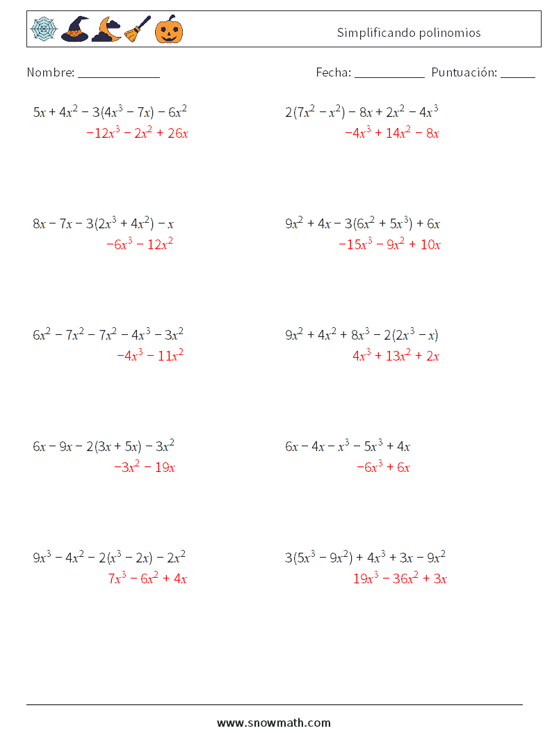 Simplificando polinomios Hojas de trabajo de matemáticas 5 Pregunta, respuesta