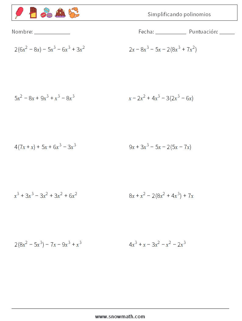 Simplificando polinomios Hojas de trabajo de matemáticas 6