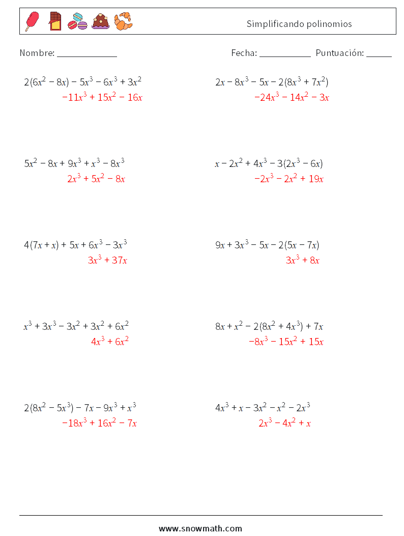 Simplificando polinomios Hojas de trabajo de matemáticas 6 Pregunta, respuesta