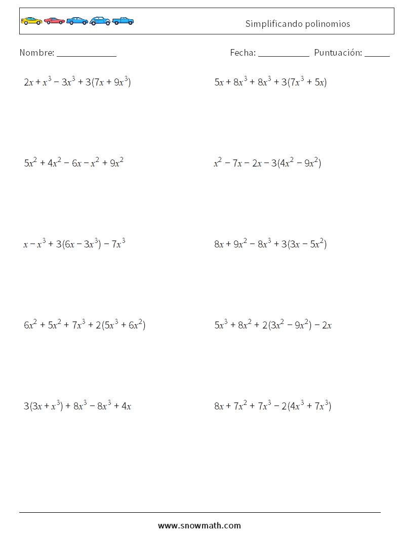 Simplificando polinomios Hojas de trabajo de matemáticas 7