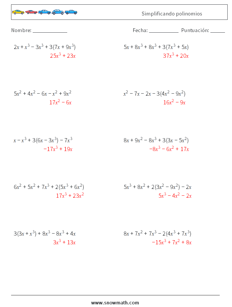 Simplificando polinomios Hojas de trabajo de matemáticas 7 Pregunta, respuesta