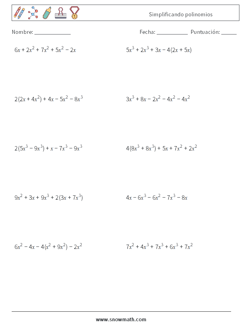 Simplificando polinomios Hojas de trabajo de matemáticas 8