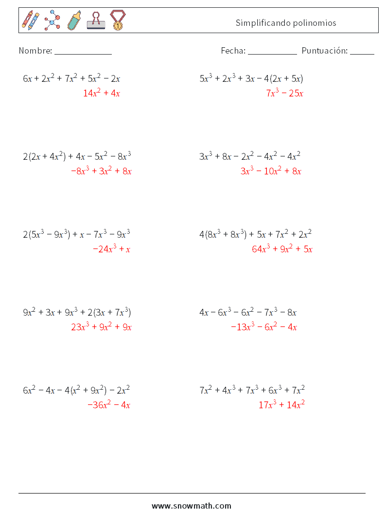 Simplificando polinomios Hojas de trabajo de matemáticas 8 Pregunta, respuesta