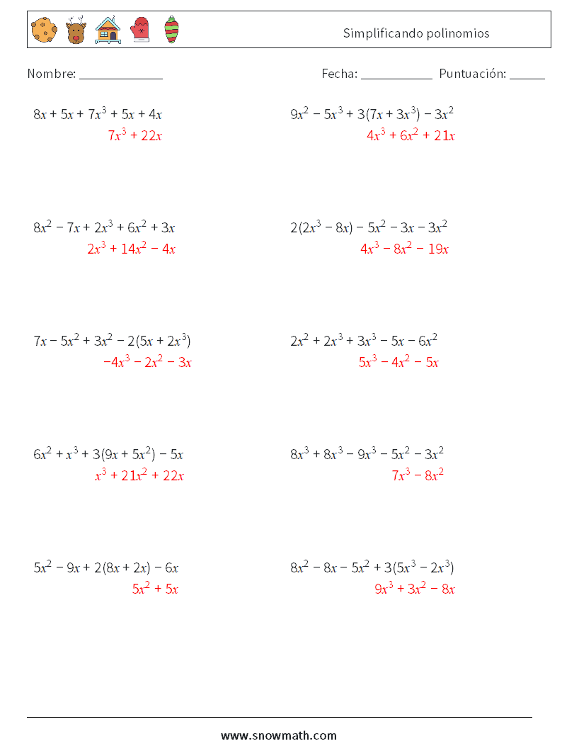 Simplificando polinomios Hojas de trabajo de matemáticas 9 Pregunta, respuesta