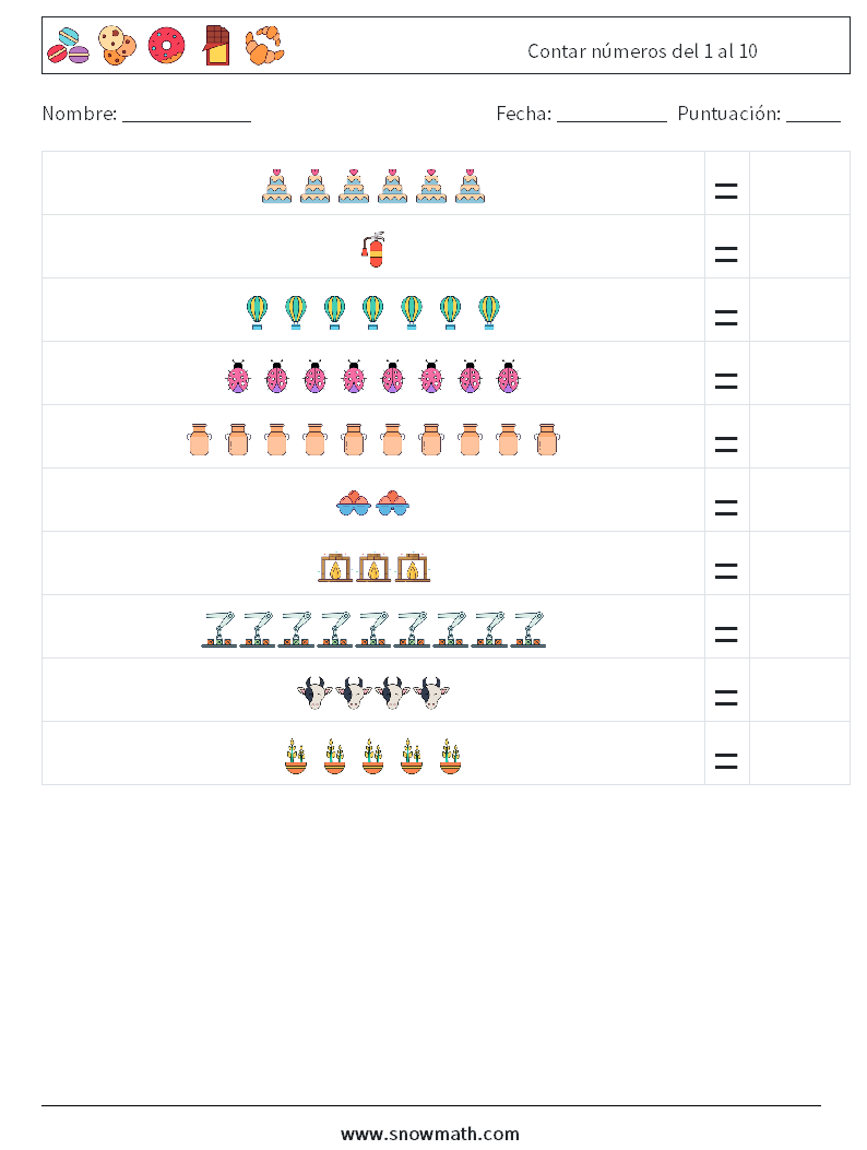 Contar números del 1 al 10 Hojas de trabajo de matemáticas 1