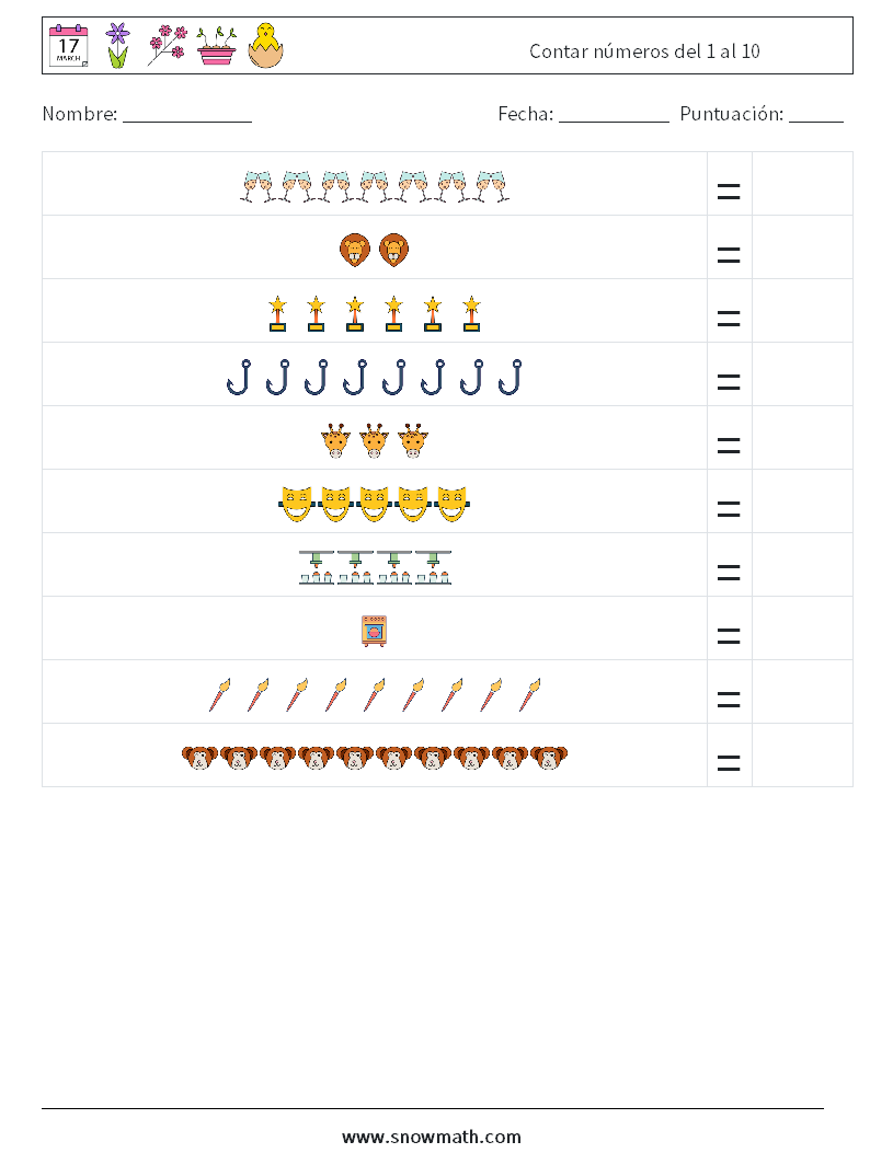 Contar números del 1 al 10 Hojas de trabajo de matemáticas 10