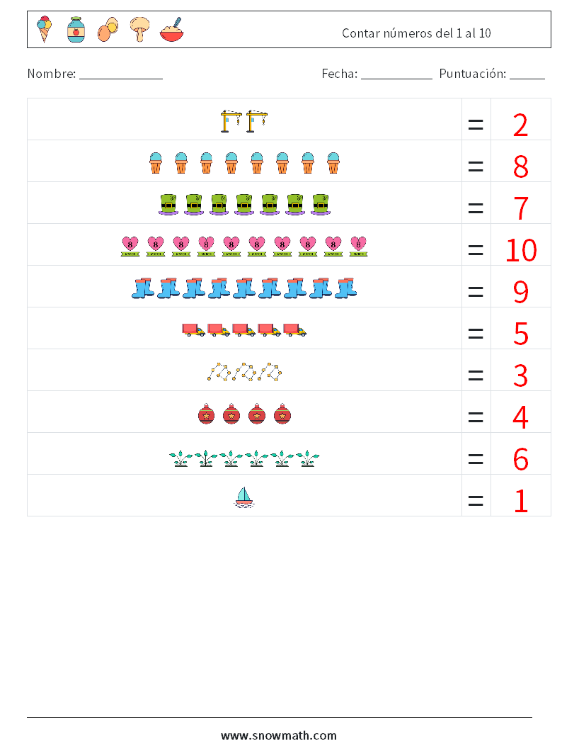 Contar números del 1 al 10 Hojas de trabajo de matemáticas 11 Pregunta, respuesta