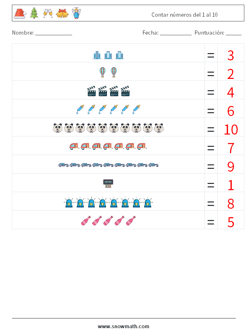 Contar números del 1 al 10 Hojas de trabajo de matemáticas 12 Pregunta, respuesta