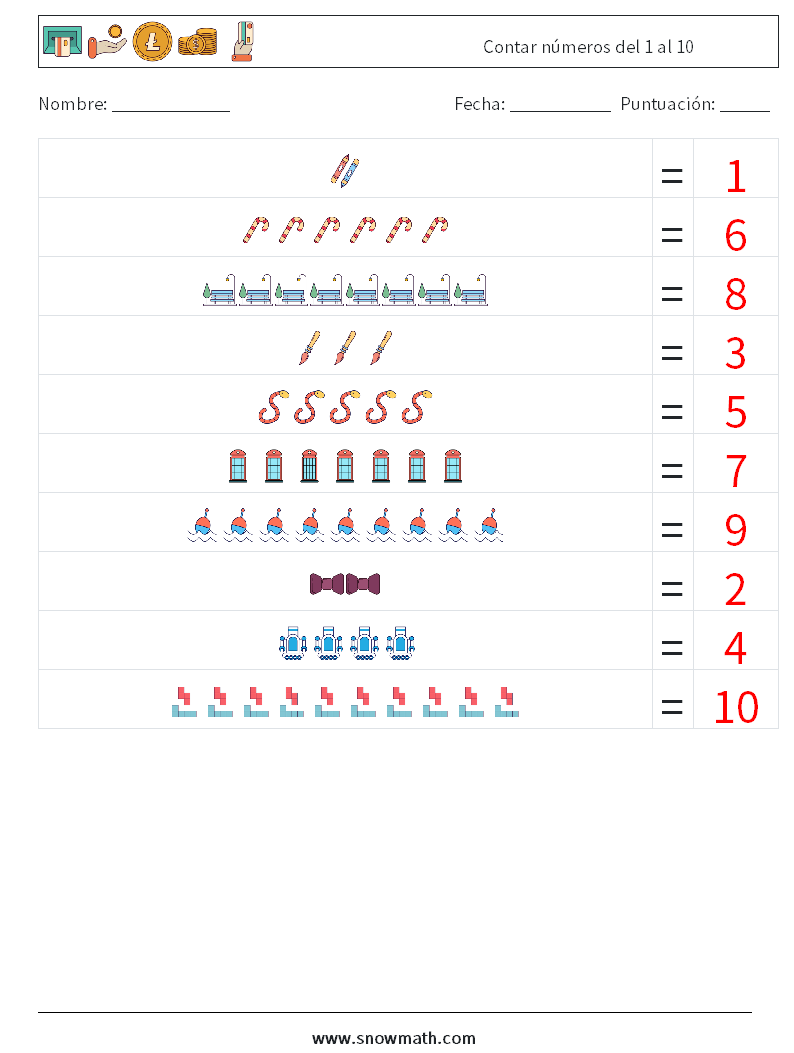 Contar números del 1 al 10 Hojas de trabajo de matemáticas 14 Pregunta, respuesta