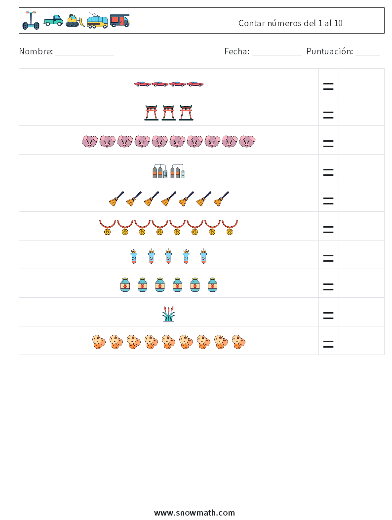 Contar números del 1 al 10 Hojas de trabajo de matemáticas 15