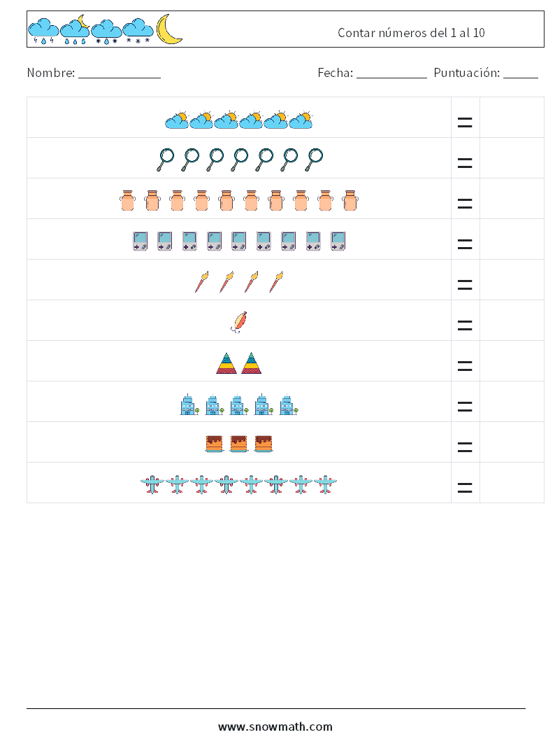 Contar números del 1 al 10 Hojas de trabajo de matemáticas 16