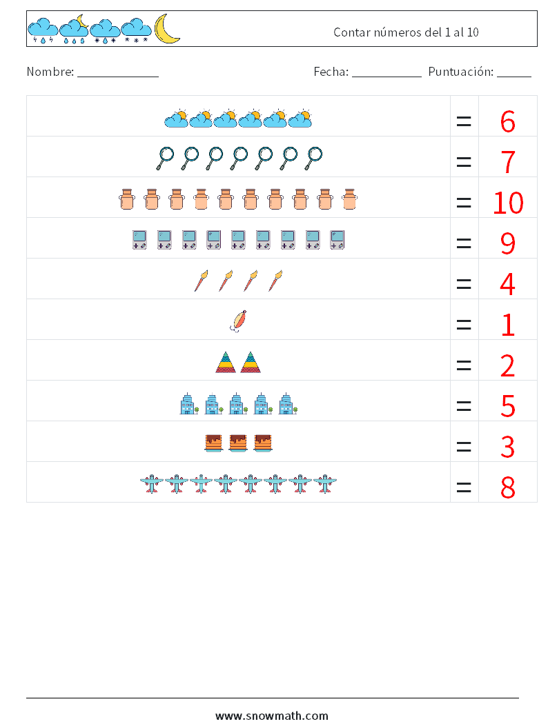 Contar números del 1 al 10 Hojas de trabajo de matemáticas 16 Pregunta, respuesta