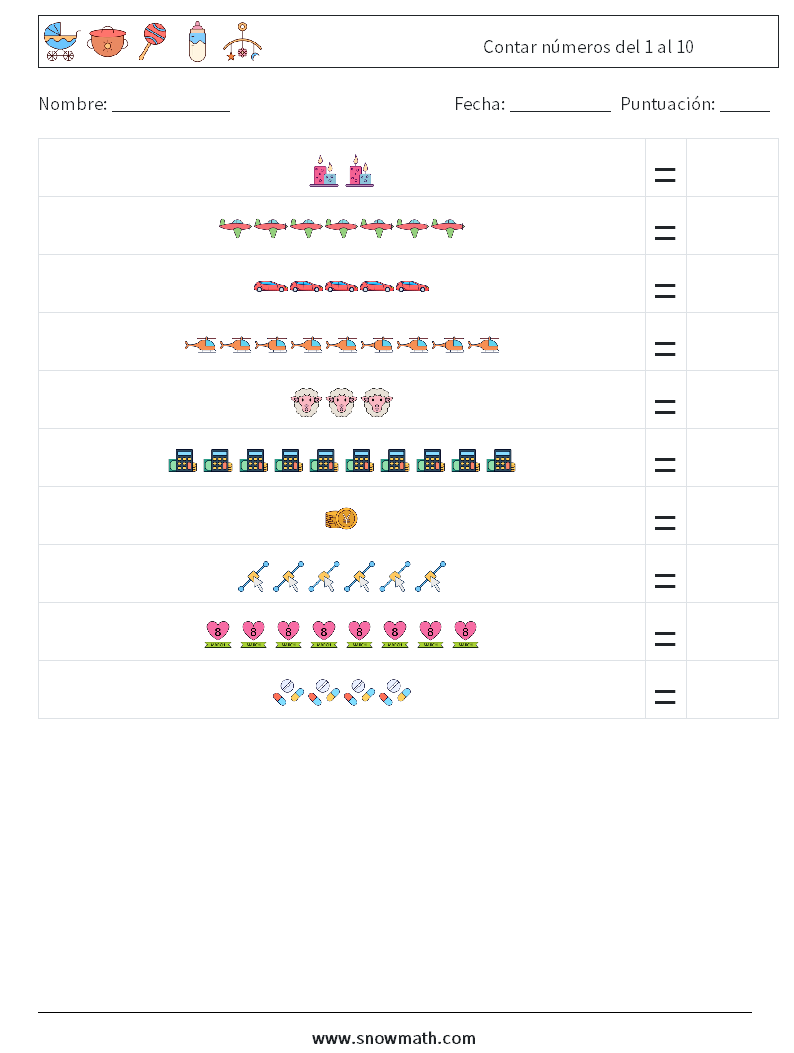 Contar números del 1 al 10 Hojas de trabajo de matemáticas 17