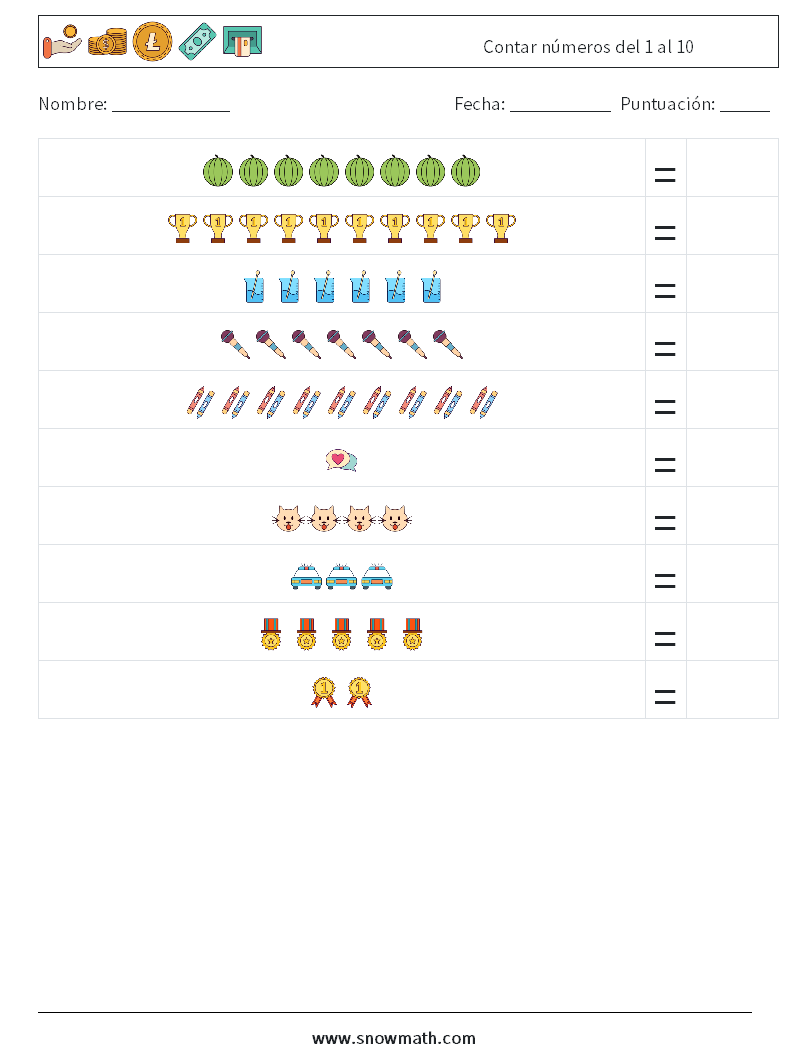 Contar números del 1 al 10 Hojas de trabajo de matemáticas 2