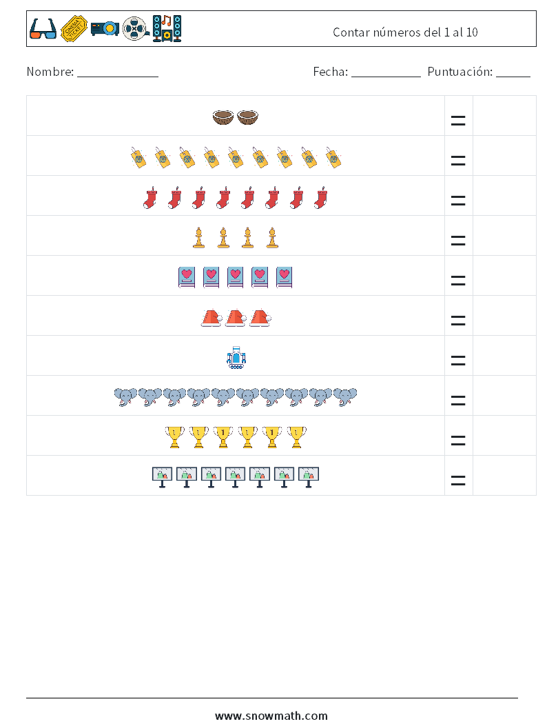 Contar números del 1 al 10 Hojas de trabajo de matemáticas 3