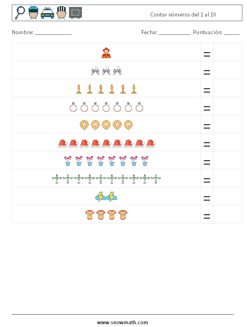 Contar números del 1 al 10 Hojas de trabajo de matemáticas 4