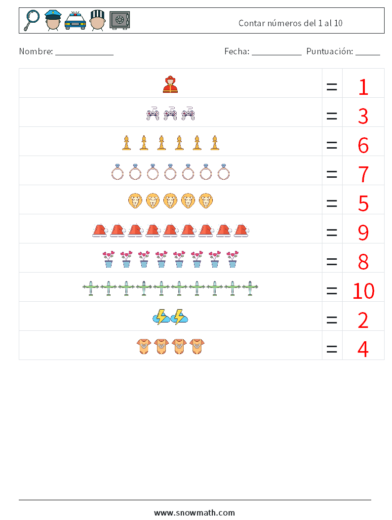 Contar números del 1 al 10 Hojas de trabajo de matemáticas 4 Pregunta, respuesta