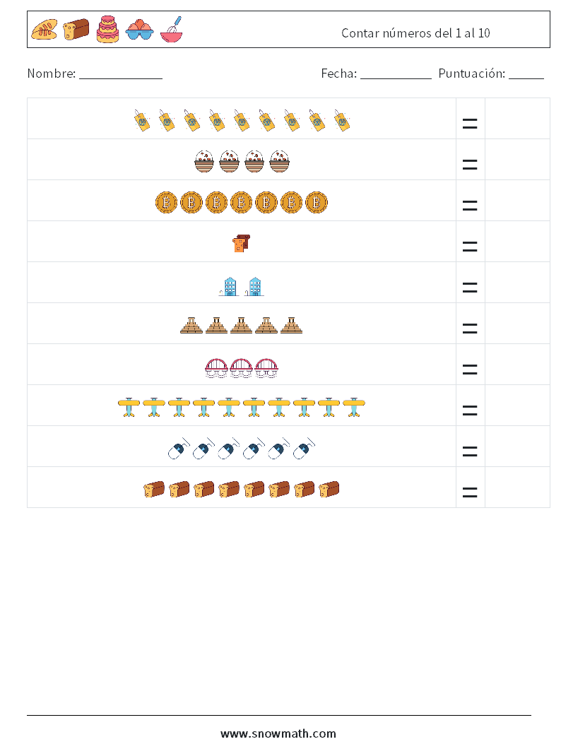 Contar números del 1 al 10 Hojas de trabajo de matemáticas 5