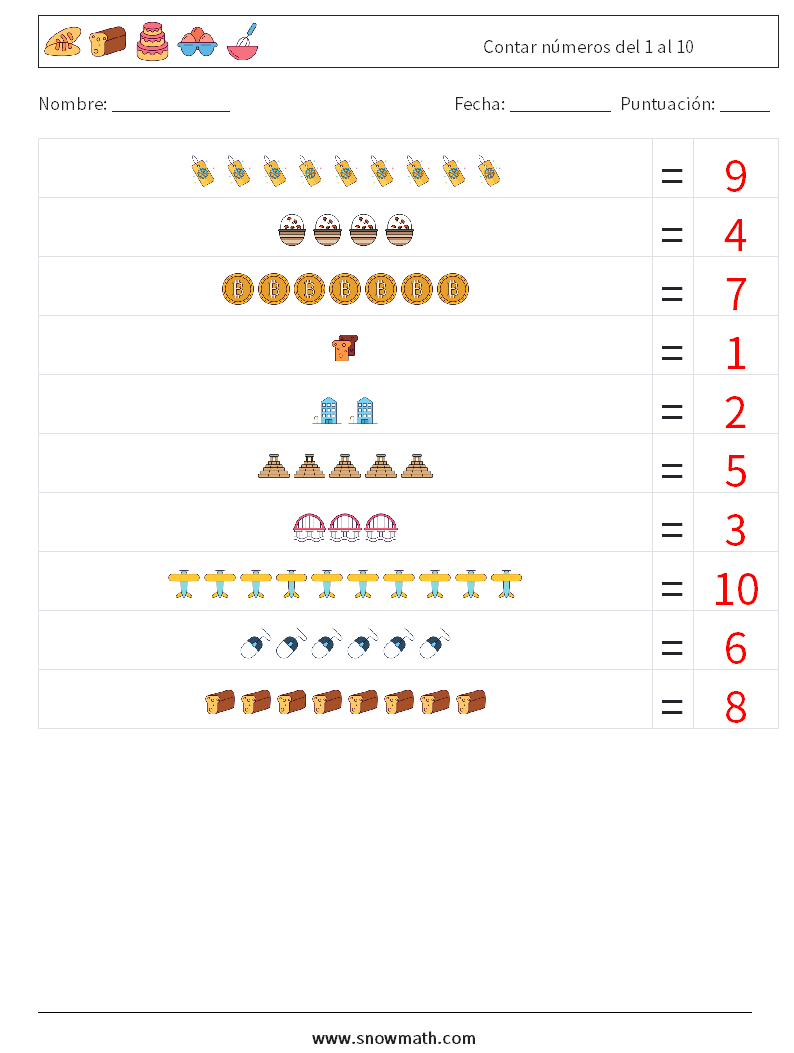 Contar números del 1 al 10 Hojas de trabajo de matemáticas 5 Pregunta, respuesta