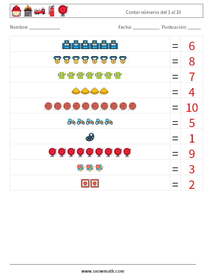 Contar números del 1 al 10 Hojas de trabajo de matemáticas 6 Pregunta, respuesta