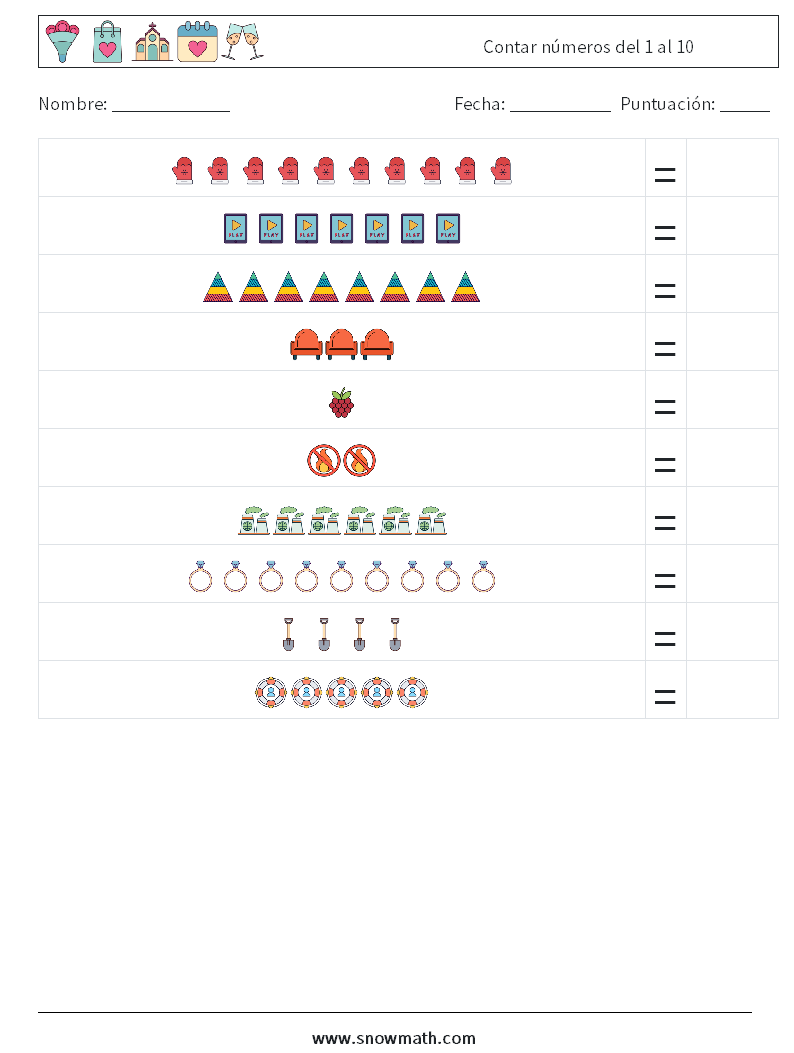 Contar números del 1 al 10 Hojas de trabajo de matemáticas 7