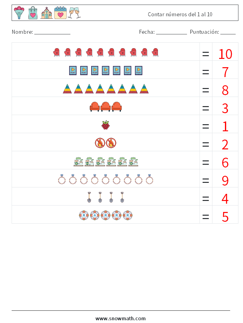 Contar números del 1 al 10 Hojas de trabajo de matemáticas 7 Pregunta, respuesta
