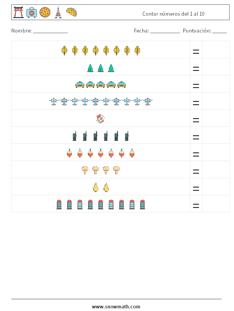 Contar números del 1 al 10 Hojas de trabajo de matemáticas 8