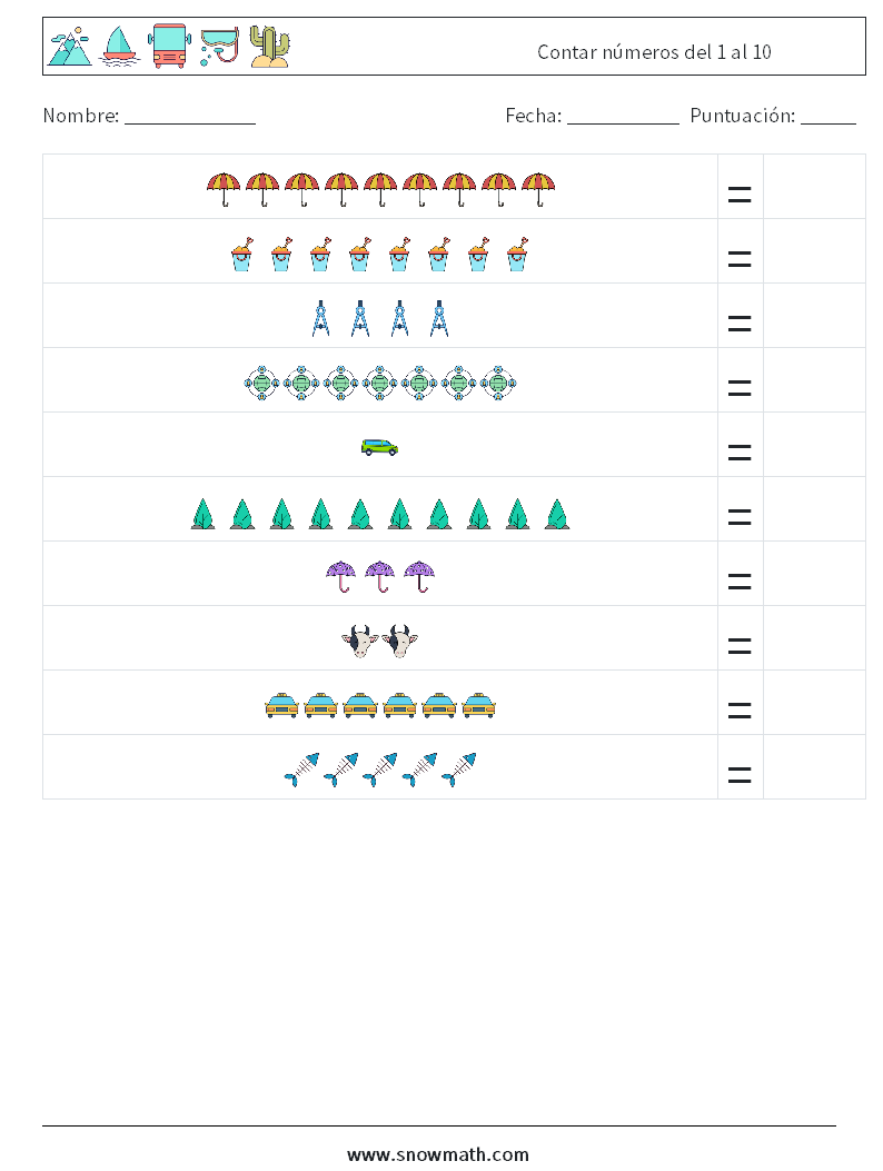 Contar números del 1 al 10 Hojas de trabajo de matemáticas 9