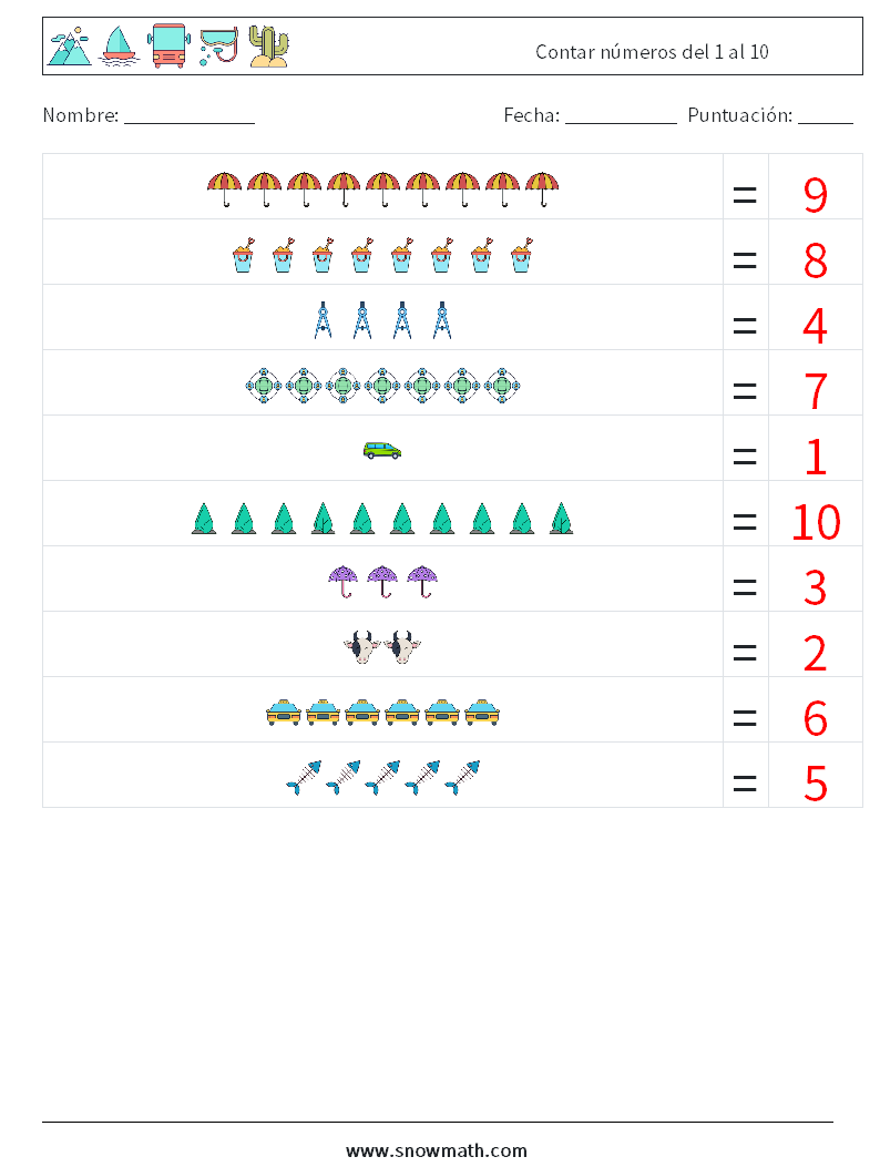 Contar números del 1 al 10 Hojas de trabajo de matemáticas 9 Pregunta, respuesta