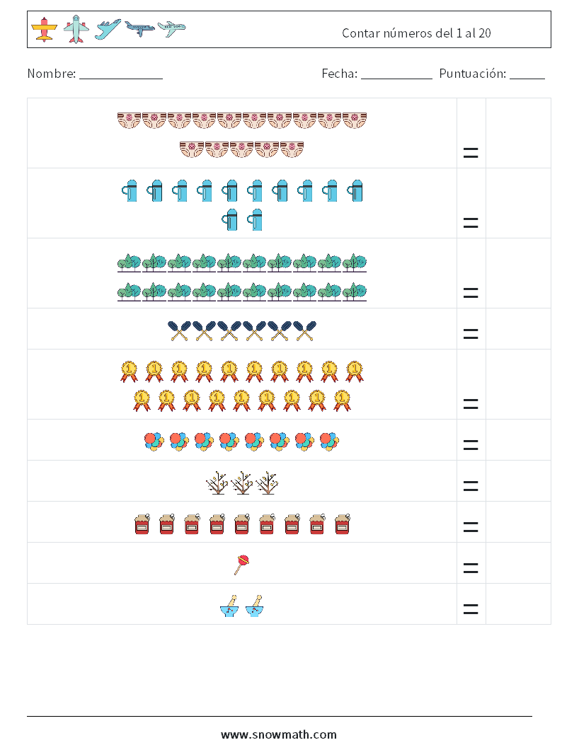 Contar números del 1 al 20 Hojas de trabajo de matemáticas 1