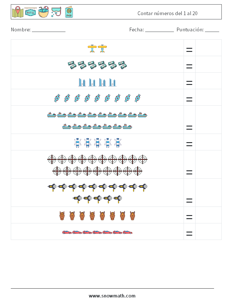 Contar números del 1 al 20 Hojas de trabajo de matemáticas 10