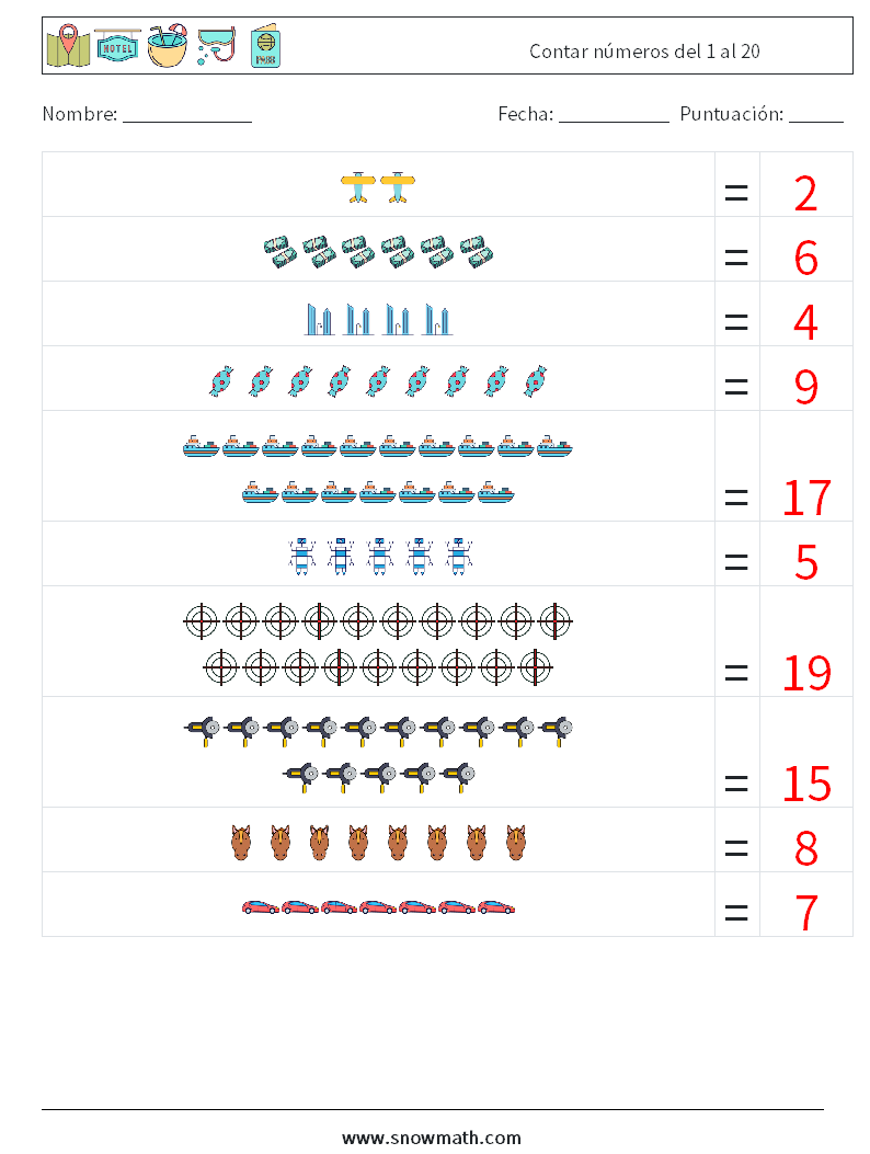 Contar números del 1 al 20 Hojas de trabajo de matemáticas 10 Pregunta, respuesta