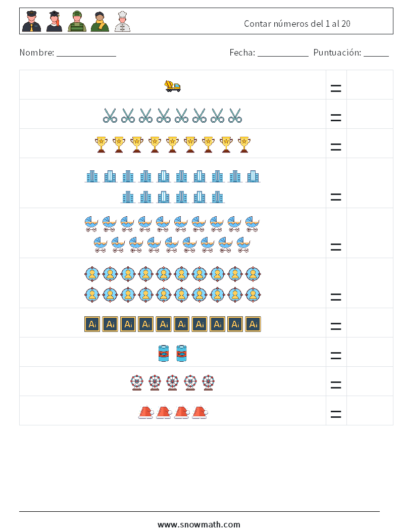 Contar números del 1 al 20 Hojas de trabajo de matemáticas 11