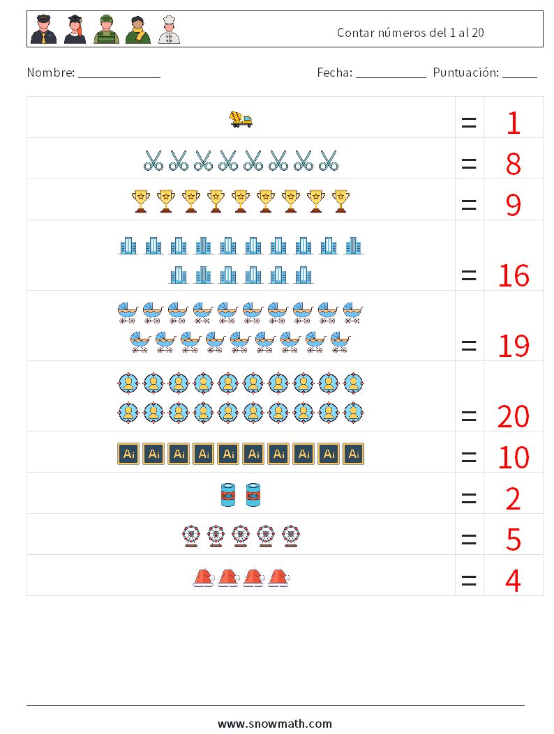 Contar números del 1 al 20 Hojas de trabajo de matemáticas 11 Pregunta, respuesta