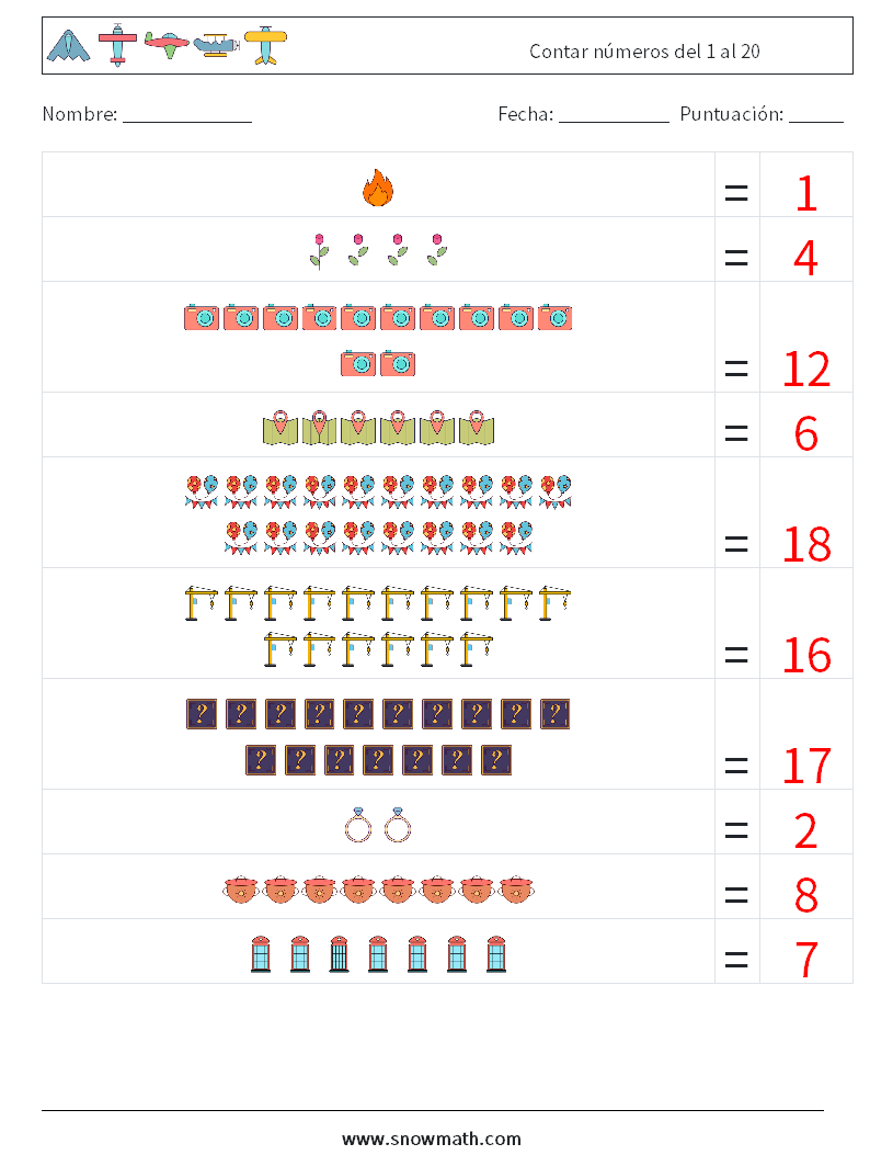 Contar números del 1 al 20 Hojas de trabajo de matemáticas 12 Pregunta, respuesta