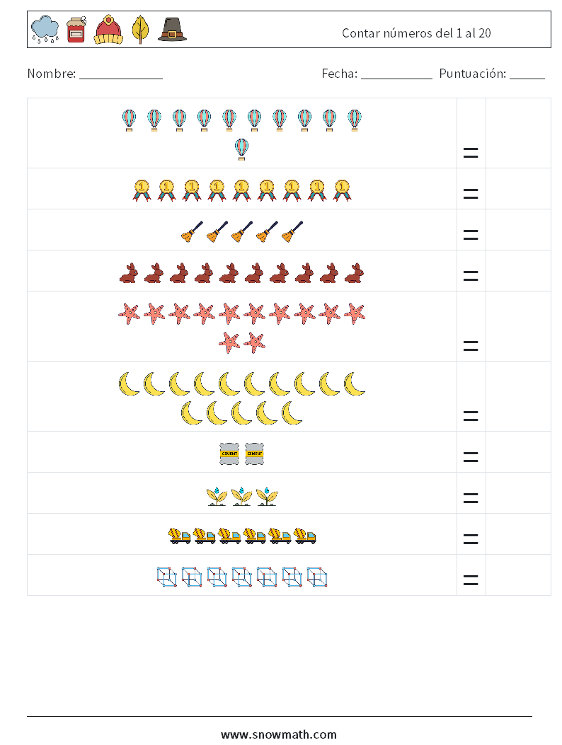 Contar números del 1 al 20 Hojas de trabajo de matemáticas 13