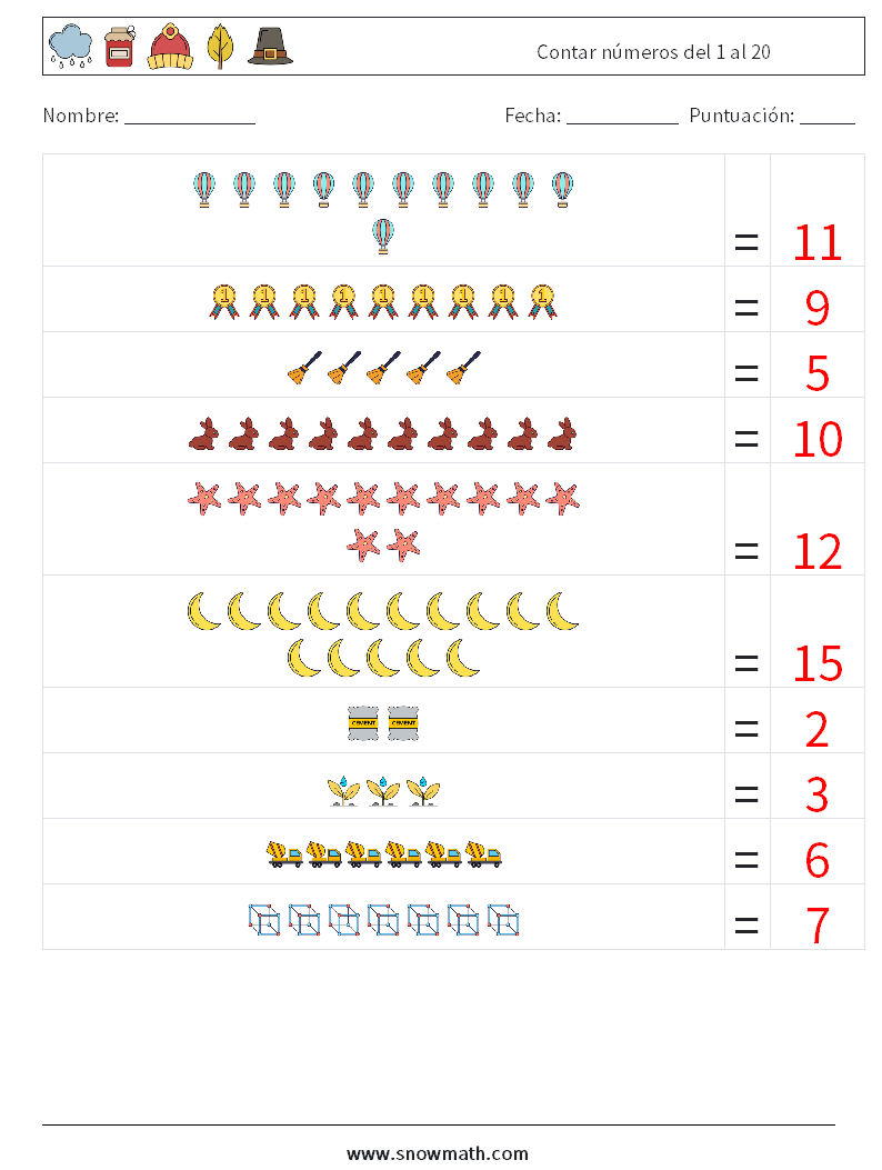 Contar números del 1 al 20 Hojas de trabajo de matemáticas 13 Pregunta, respuesta