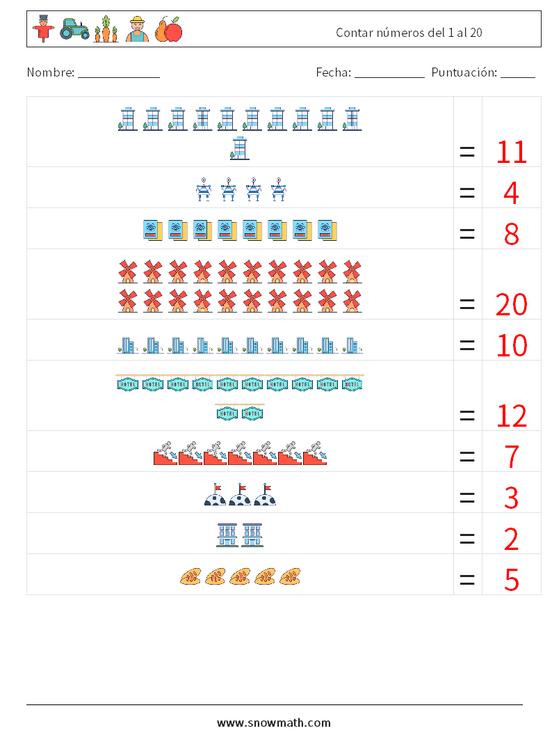 Contar números del 1 al 20 Hojas de trabajo de matemáticas 14 Pregunta, respuesta