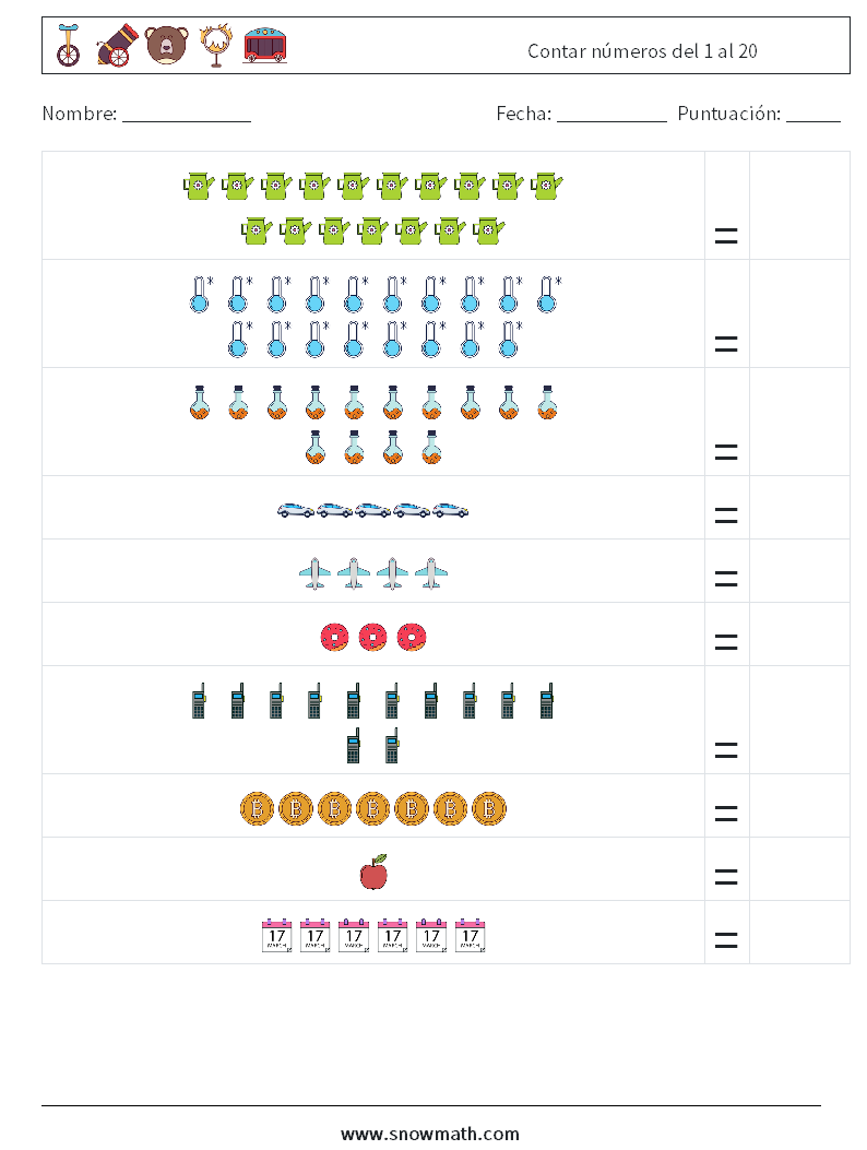 Contar números del 1 al 20 Hojas de trabajo de matemáticas 15