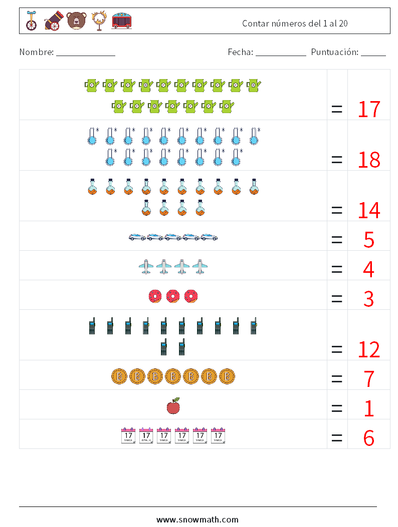 Contar números del 1 al 20 Hojas de trabajo de matemáticas 15 Pregunta, respuesta