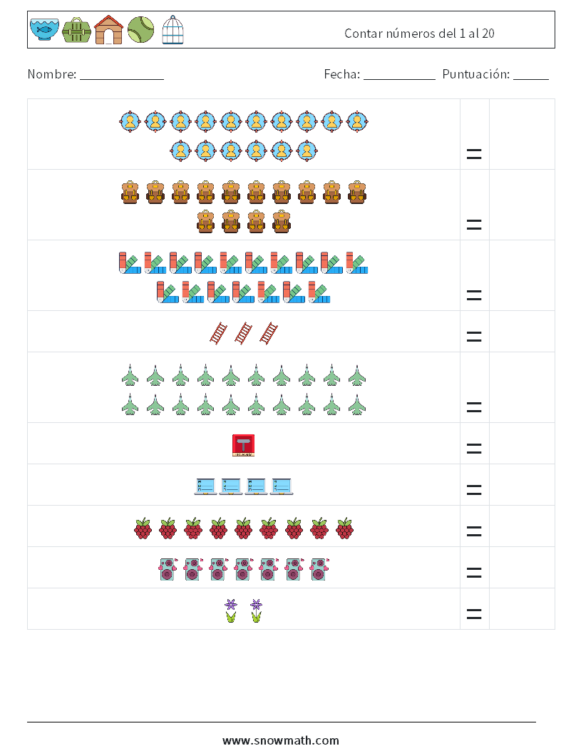 Contar números del 1 al 20 Hojas de trabajo de matemáticas 16