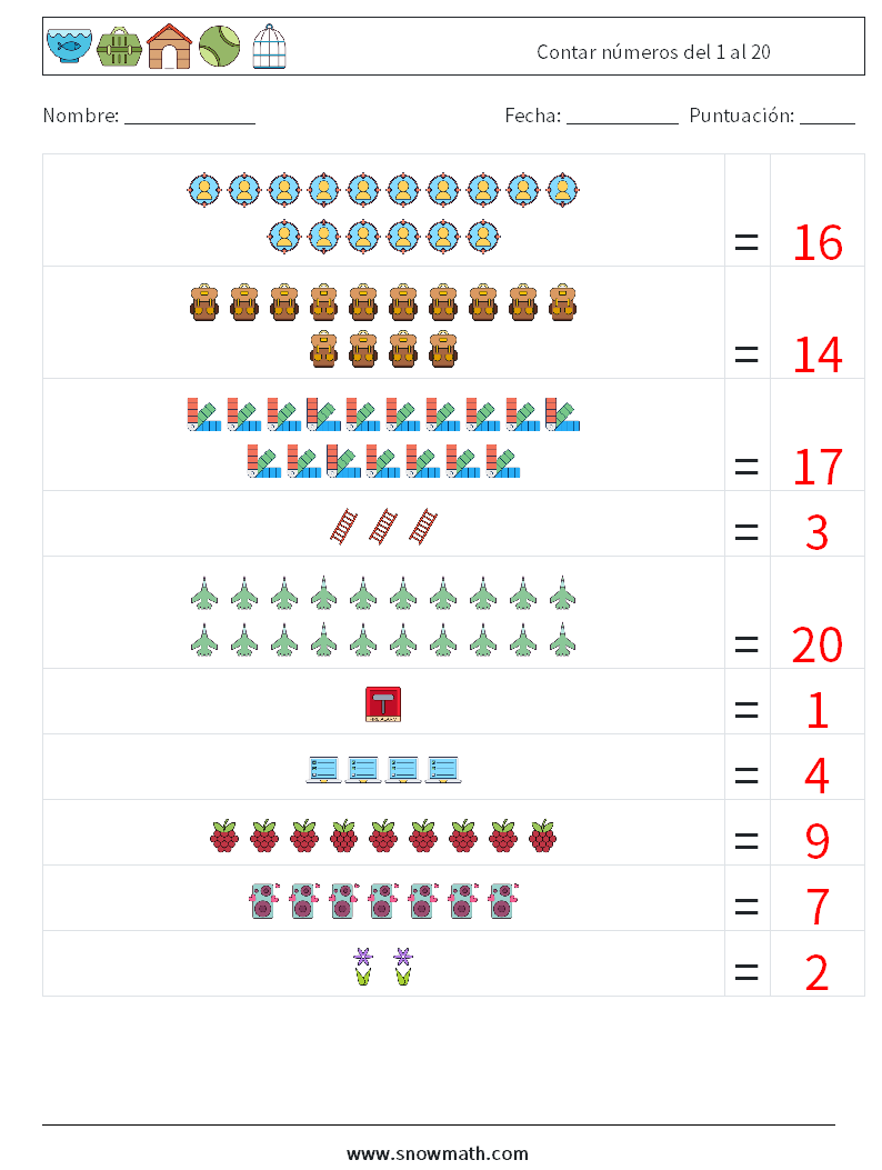 Contar números del 1 al 20 Hojas de trabajo de matemáticas 16 Pregunta, respuesta