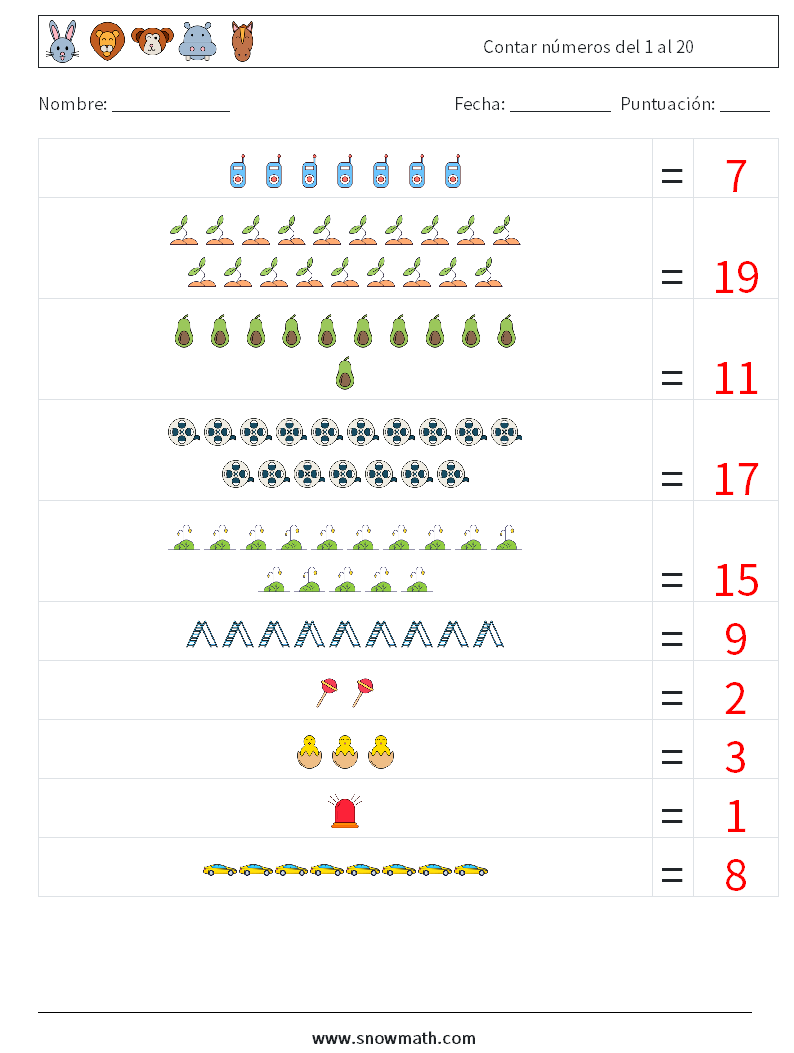 Contar números del 1 al 20 Hojas de trabajo de matemáticas 17 Pregunta, respuesta