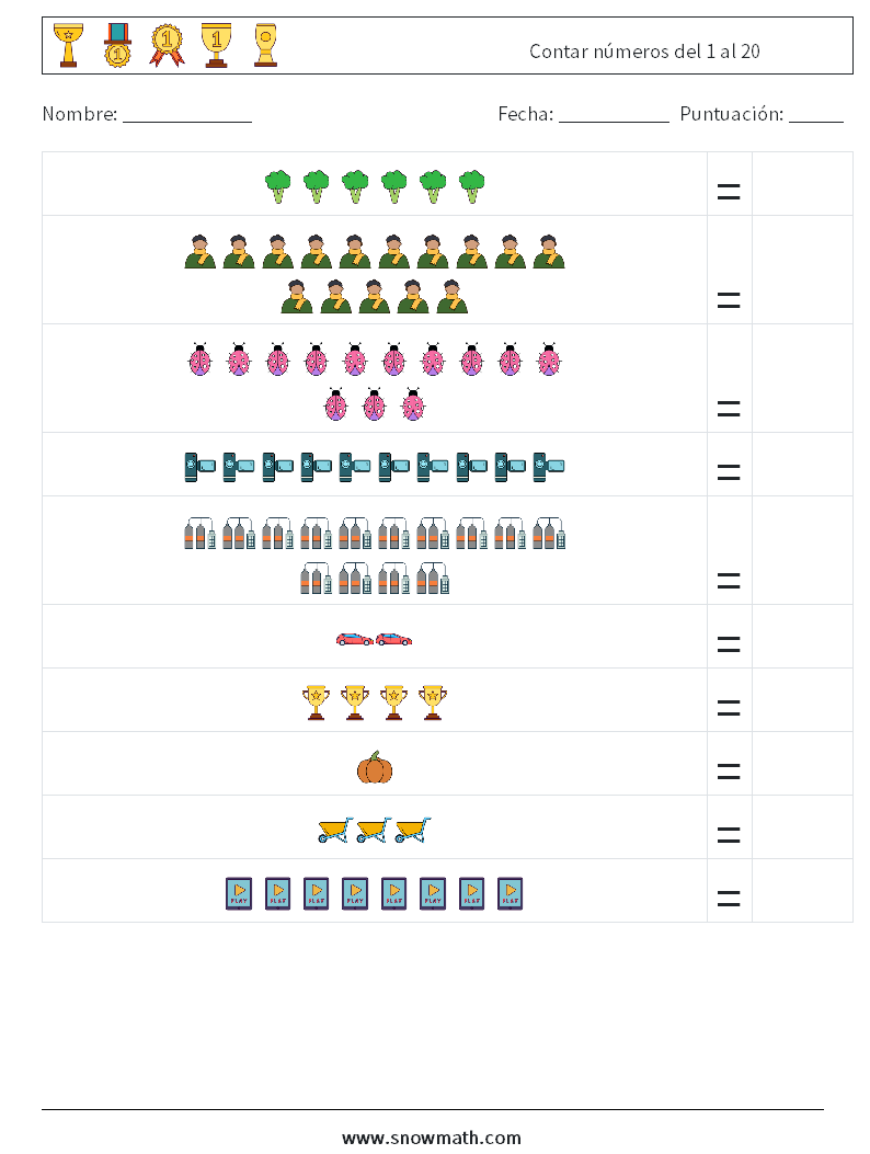 Contar números del 1 al 20 Hojas de trabajo de matemáticas 18