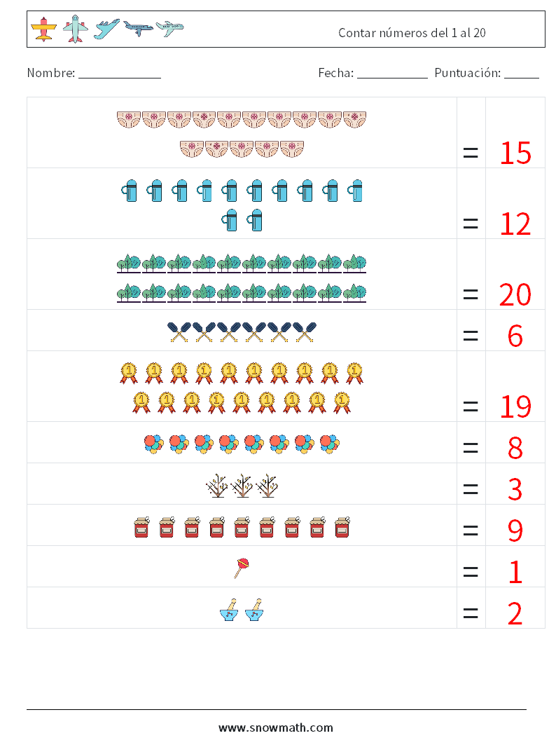 Contar números del 1 al 20 Hojas de trabajo de matemáticas 1 Pregunta, respuesta